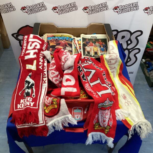 Vintage Liverpool Football Club scarves and magazines in a memorabilia lot.