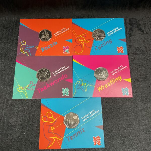 Front view of the London 2012 Olympics 50p coin collection in folders.