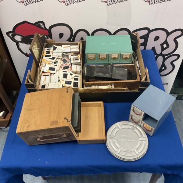 Vintage magic lantern and 35mm slides in wooden case.