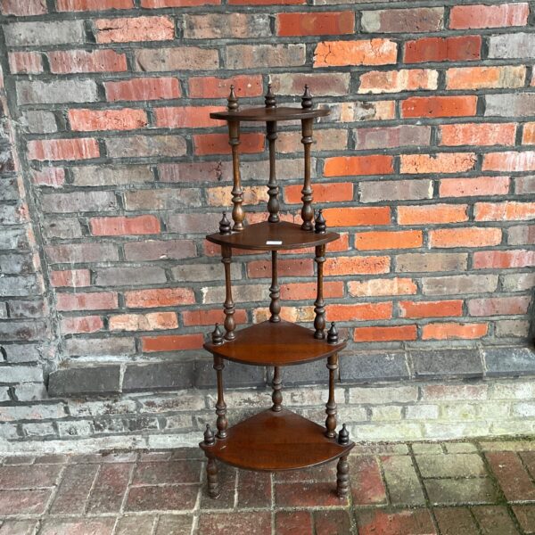 Antique mahogany whatnot corner shelving unit with four tiers.