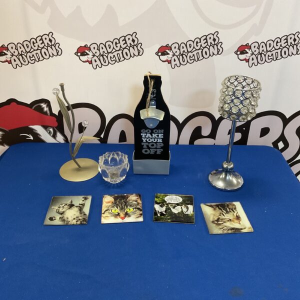 Mancave decor set with bottle opener, candle holders, and cat coasters.