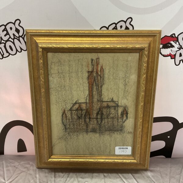 Vintage pastel drawing of a Manchester church cityscape.