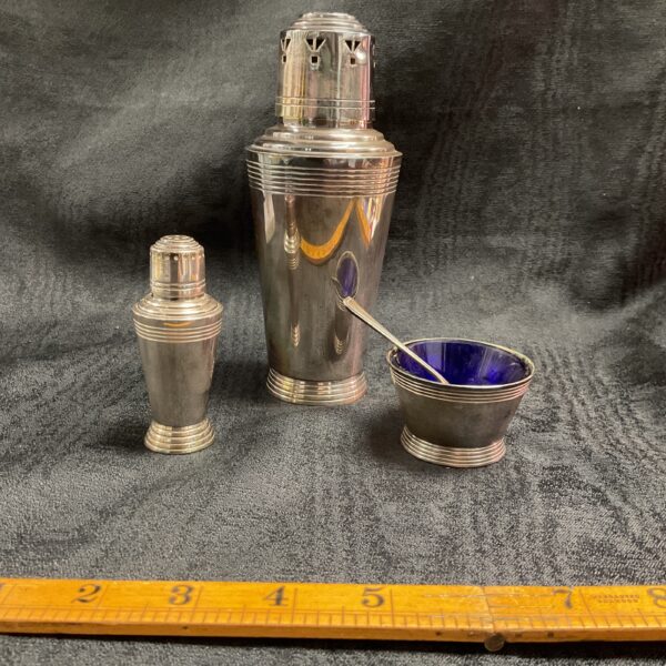 Mappin and Webb Art Deco silver plate cocktail set with shaker, sugar, and salt.