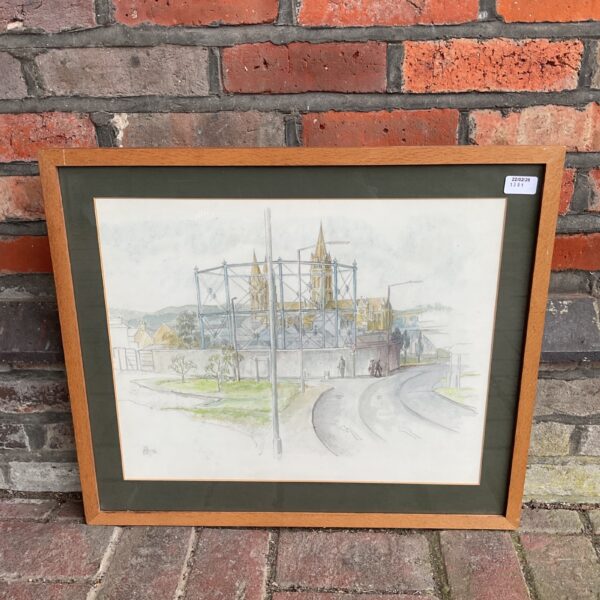 Pencil and wash artwork of Truro Cathedral by Margory Dyer, 1976.