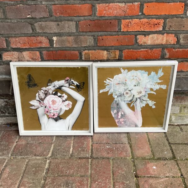 Signed Marmont mixed media floral figure artworks, contemporary art.