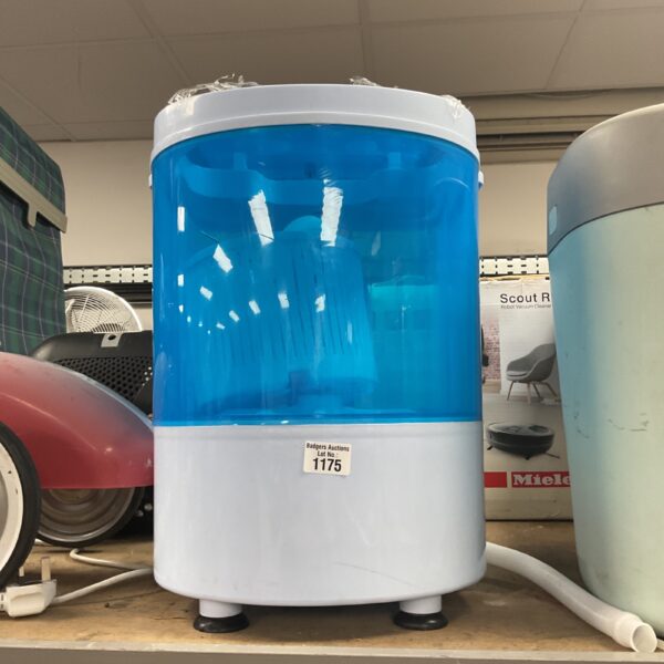 Blue portable mini washing machine with spin dryer function.