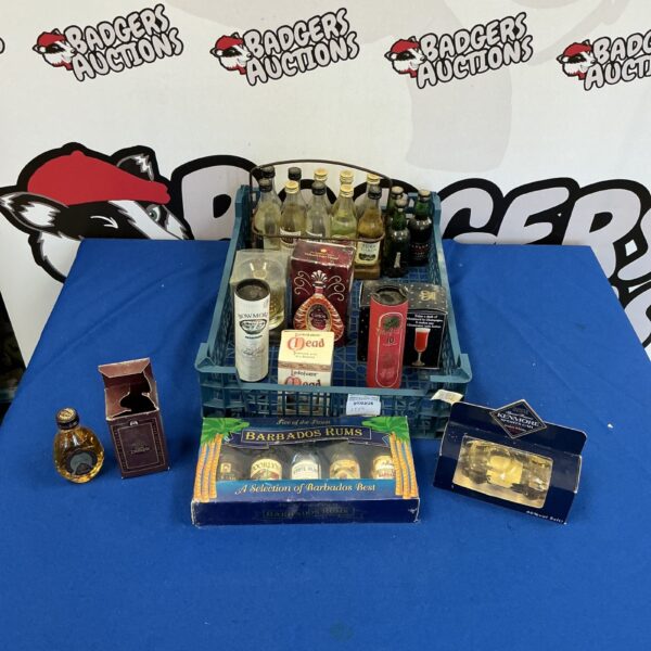 Collection of miniature alcohol bottles including Dimple Whisky.