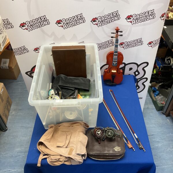 Mixed lot featuring a violin and fishing tackle.