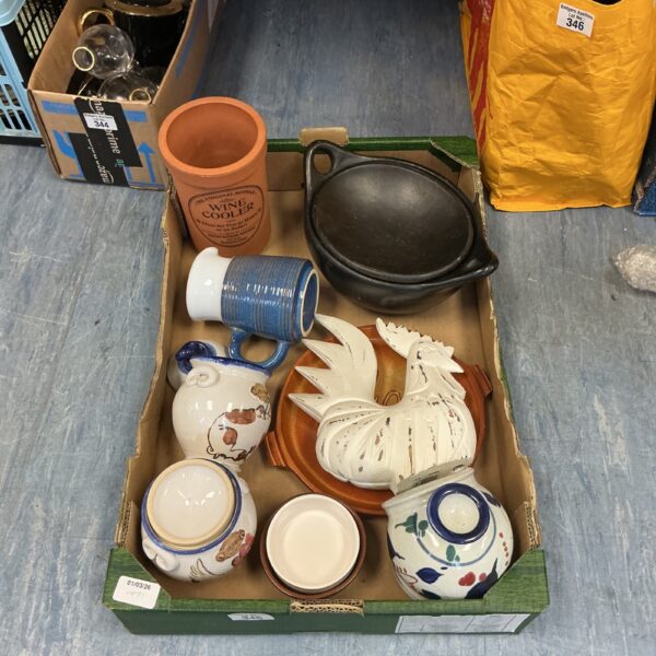 Mixed lot of vintage pottery and collectibles with chicken ornament.