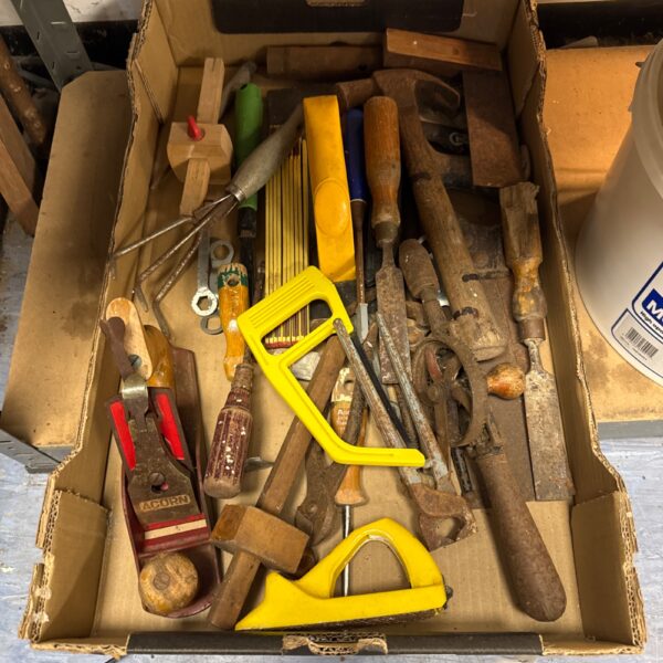 Vintage mixed tool lot with Acorn wood plane and various hand tools.