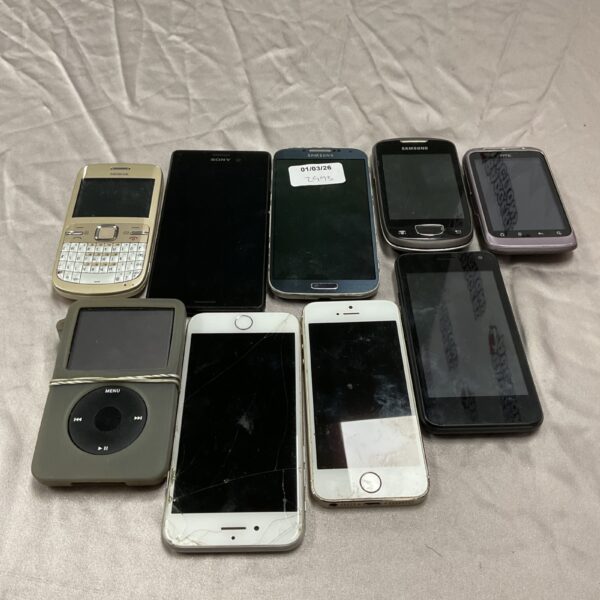 Overview of a lot of vintage mobile phones and devices.