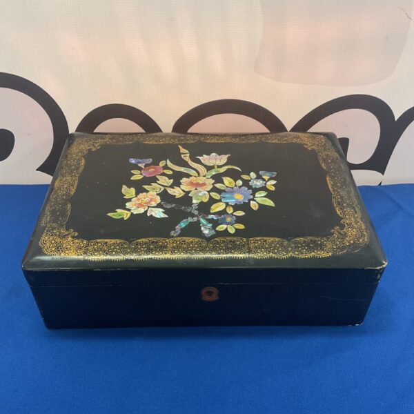 Vintage mother of pearl jewellery box with floral inlay, mid century style.