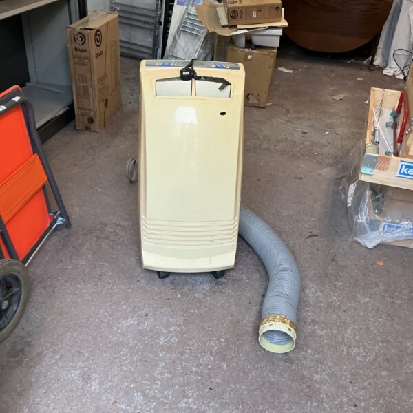 Vintage Mullen air conditioner with flexible hose for cooling.