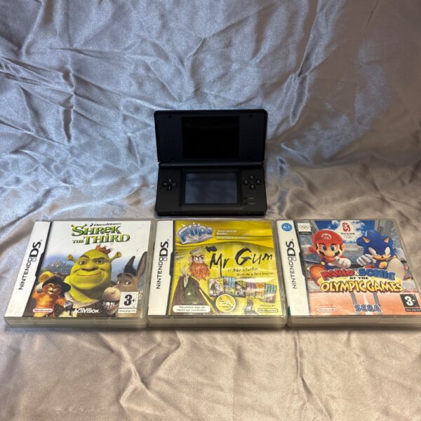 Black Nintendo DS Lite console with three game cartridges.
