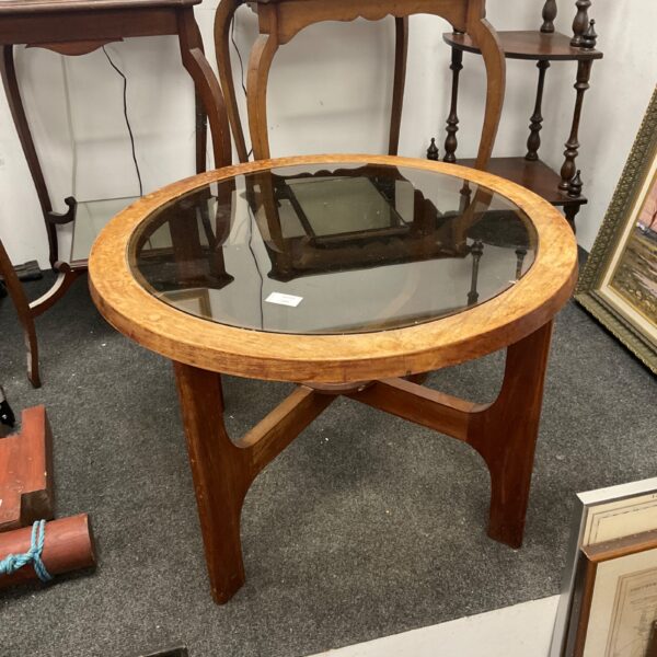 Vintage oak lamp table with smokey glass top.