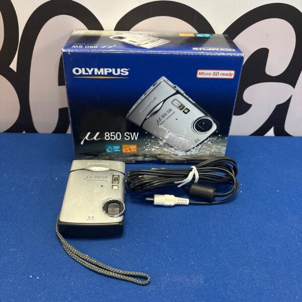 Boxed Olympus 850SW digital camera in original packaging.