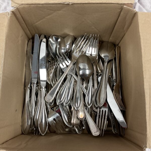 Oneida stainless steel cutlery set displayed in a cardboard box.