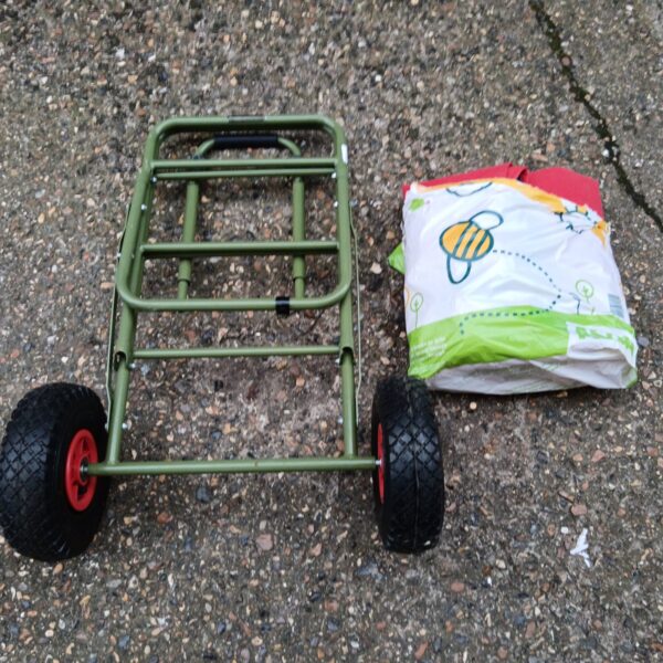 Used Oxbridge Fishing barrow with pneumatic tyres and inflatable bed.
