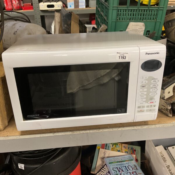 White Panasonic inverter microwave oven, kitchen appliance.