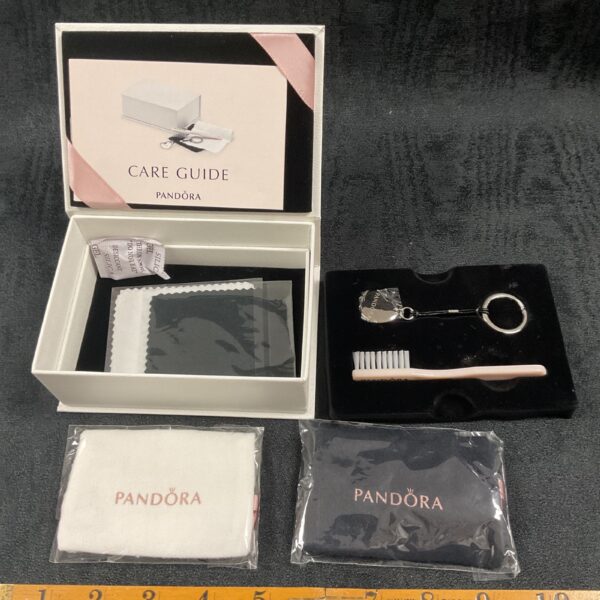 Pandora jewellery cleaning kit contents displayed on a white surface.