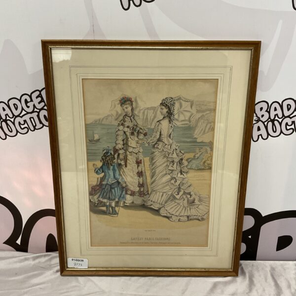 Antique hand-coloured Paris fashion print depicting a woman in elaborate dress.