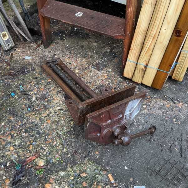 Vintage Parkinson’s bench vice for metalworking and workshop use.