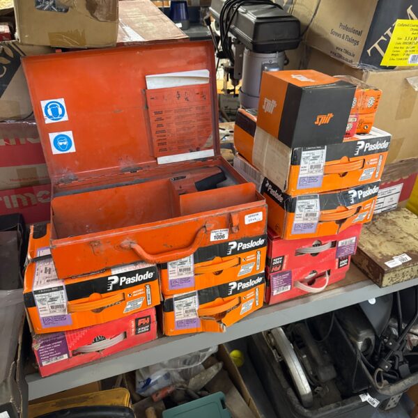 Large lot of Paslode nail gun and extensive nail supply.