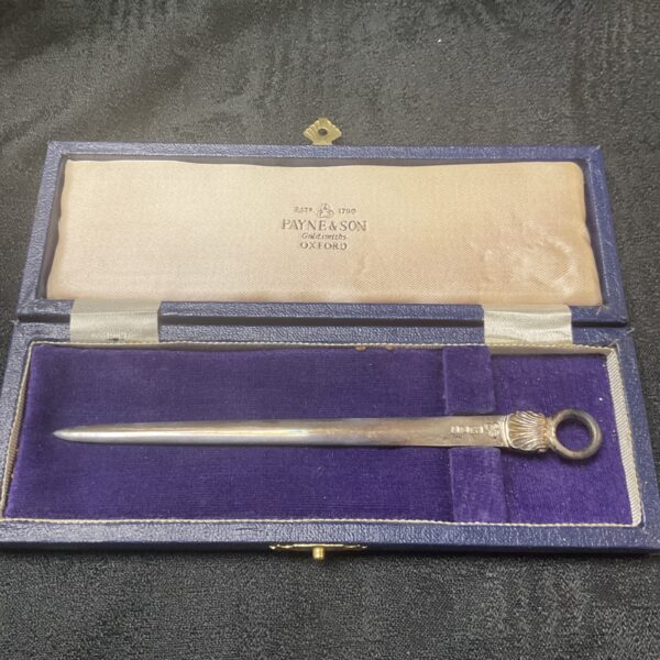 Vintage silver letter opener by Payne and Son of Oxford, hallmarked and weighing 21.6g.