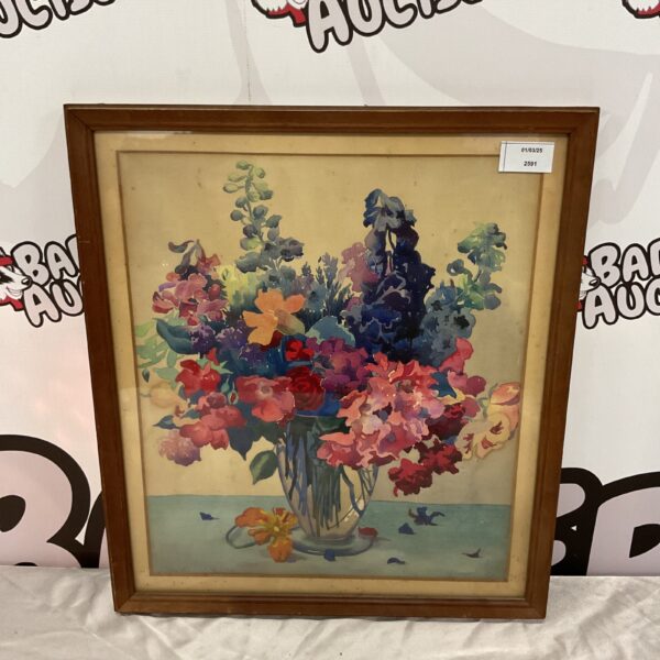 Vintage Phylis Shapto watercolour painting of flowers in a vase.