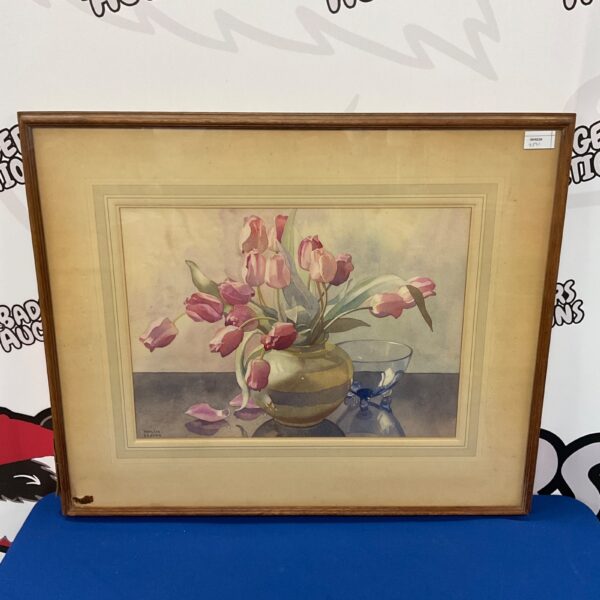 Phyllis Shafto still life watercolour painting of flowers in a vase.