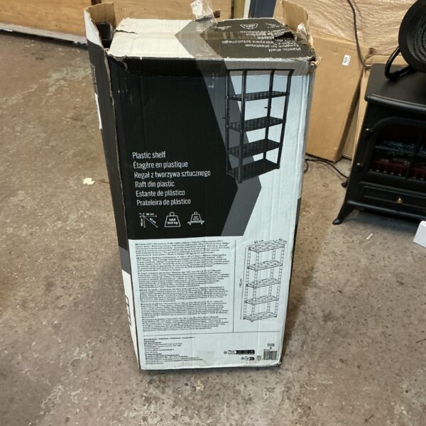 Durable plastic storage shelf unit for garage or shed organisation.