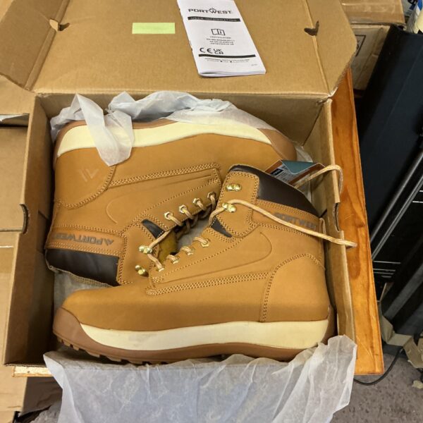 Brown Portwest safety boots in box, size 8 work boots.