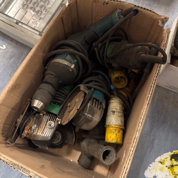 Mixed lot of used power tools including Hitachi and Makita.