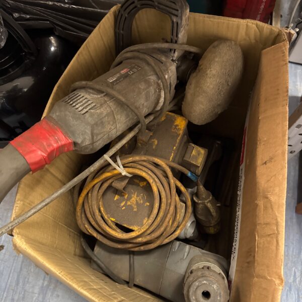 Mixed lot of power tools including polisher and drill.
