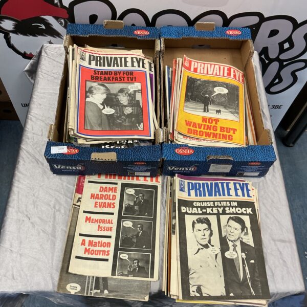 Vintage collection of Private Eye magazines, British satire.