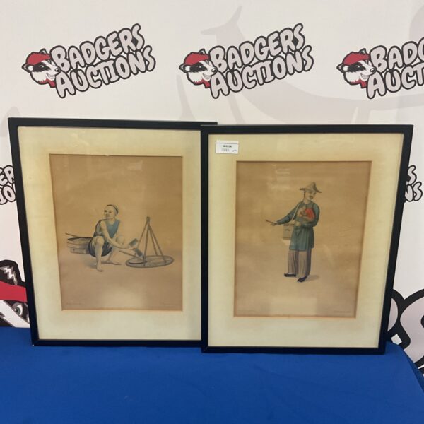 Antique pair of Pu Qua Canton Delin engravings depicting Chinese men.