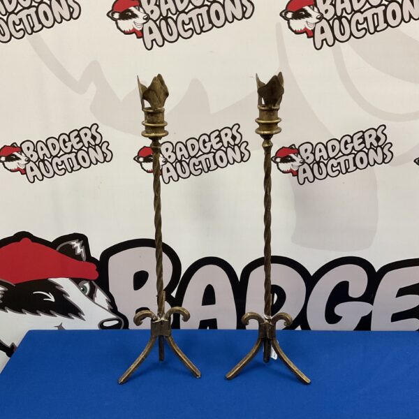 Antique Pugin Gothic Revival candlesticks, hand forged Victorian pair.