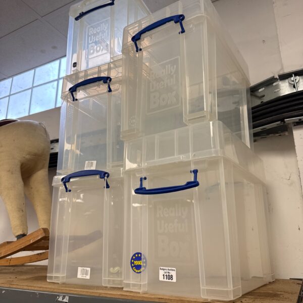 Lot of five clear Really Useful Boxes for storage.