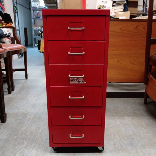 Vintage red metal draw unit for workshop or storage.