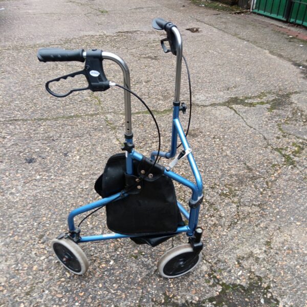 Blue Roma mobility walker with fabric bag and three wheels.