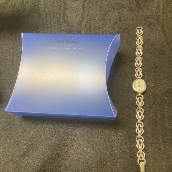 Rotary silver bracelet watch displayed with its presentation box.