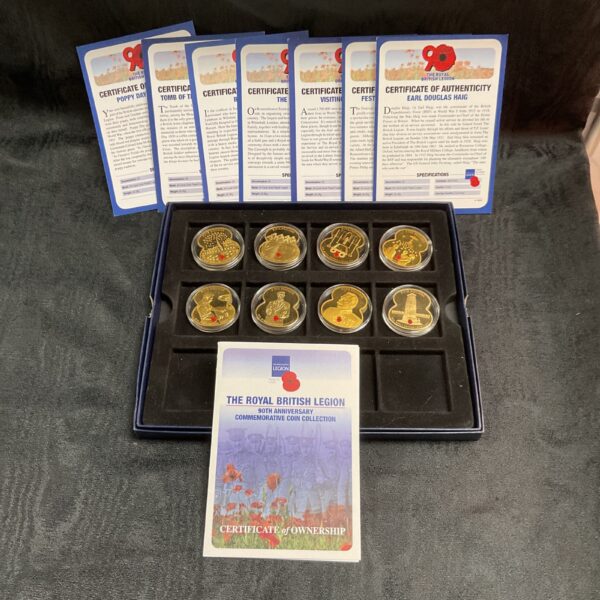 Royal British Legion 90th anniversary poppy coin collection with certificates.