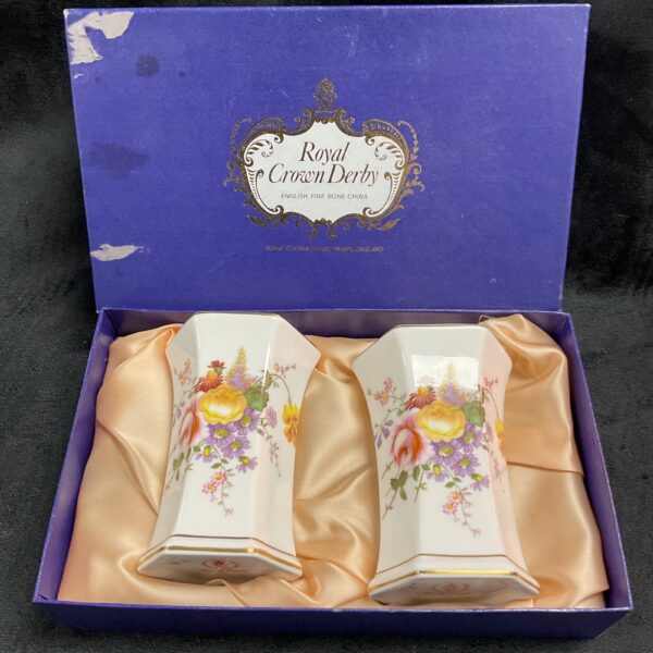Boxed pair of Royal Crown Derby Derby Posies porcelain vases.