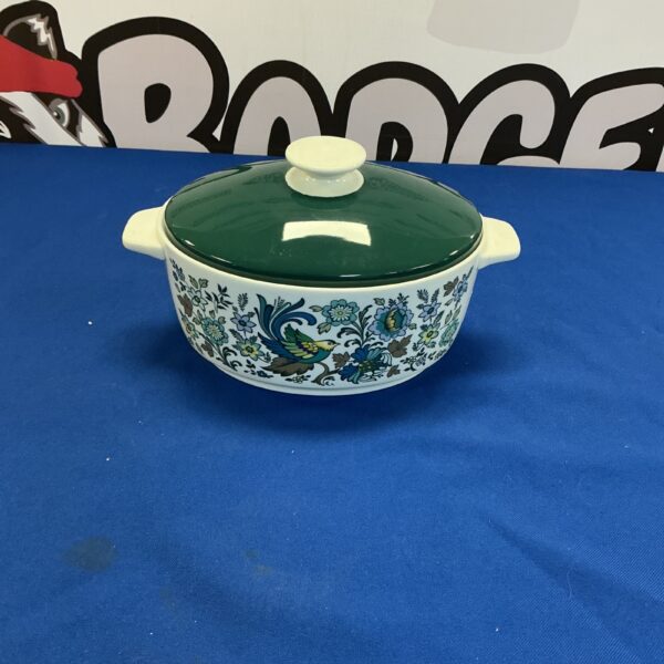 Vintage Royal Doulton casserole dish with floral pattern.