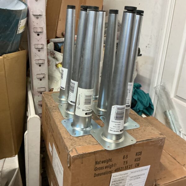 Set of seven satin silver table legs for furniture.