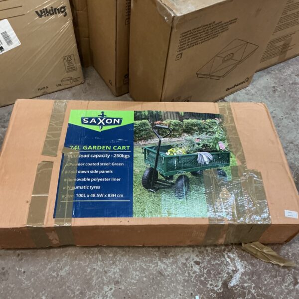 Unopened Saxon garden cart in original packaging, ready for assembly.