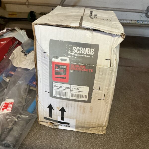 Two 5-litre bottles of Scrubb Eradi concrete remover.