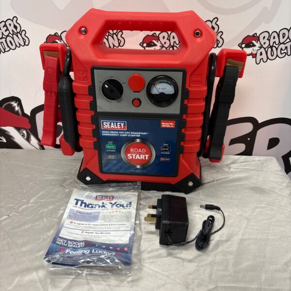 Front view of a Sealey jump starter pack for automotive emergencies.