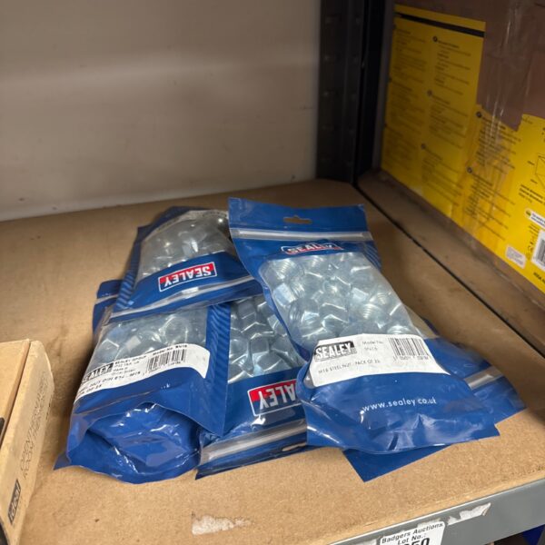 Five sealed packs of Sealey M16 steel nuts for workshop use.
