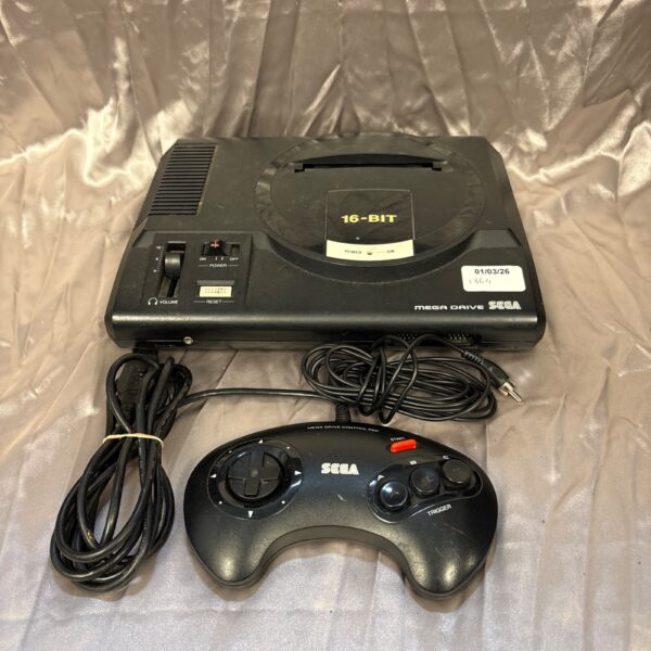 Black Sega Mega Drive 16-bit console with controller.